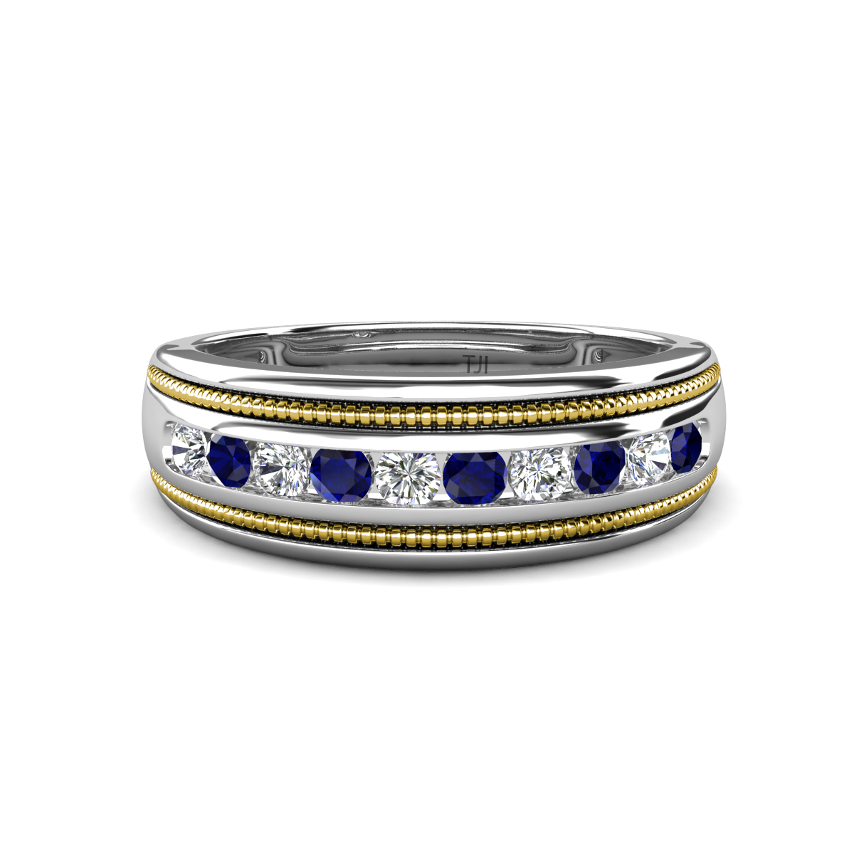 Zaid 0.55 ctw Round Natural Diamond and Blue Sapphire Two Toned and High Polished Edges Men Wedding Band (8 mm) 